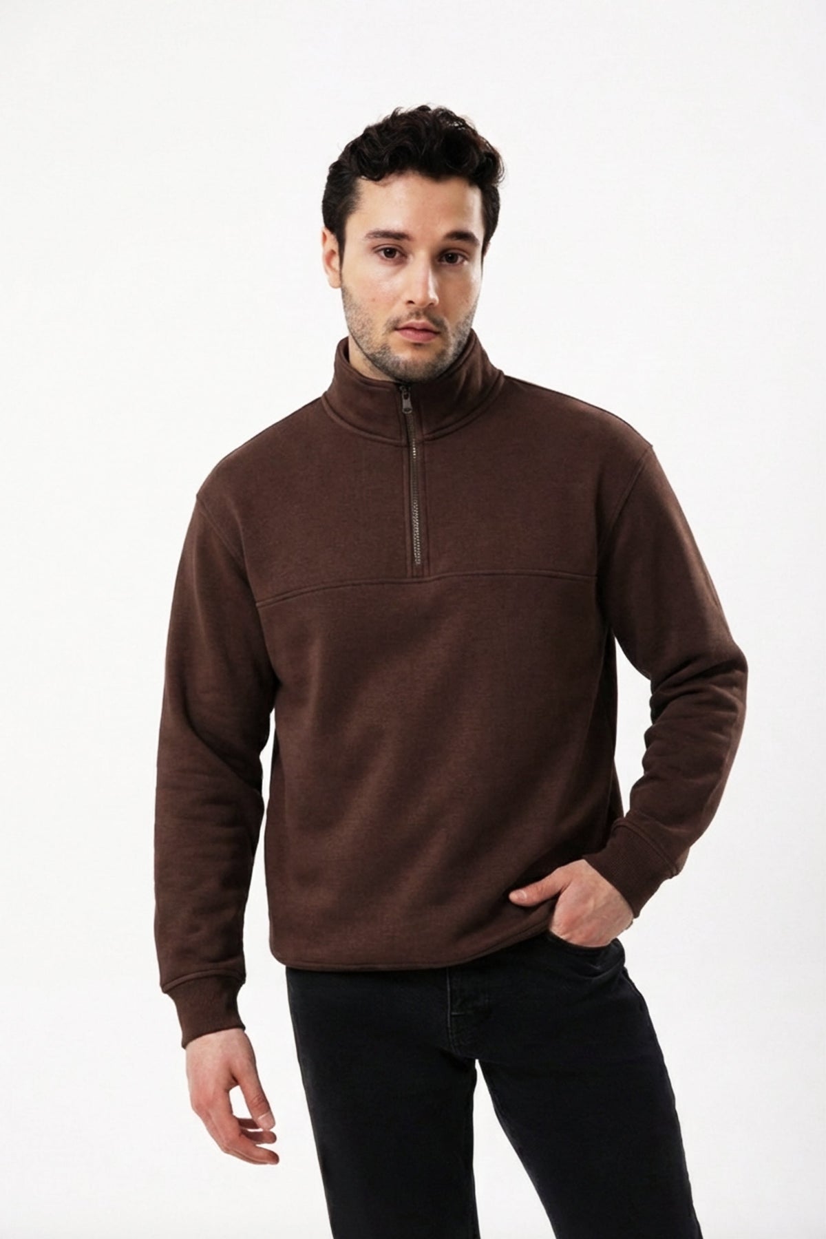 Yarım Fermuarlı Erkek Sweatshirt, Kahverengi - 1
