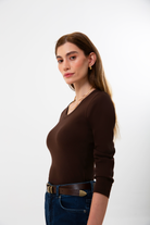 Fitilli V Yaka Uzun Kollu Kadın Bluz, Kahverengi - 3