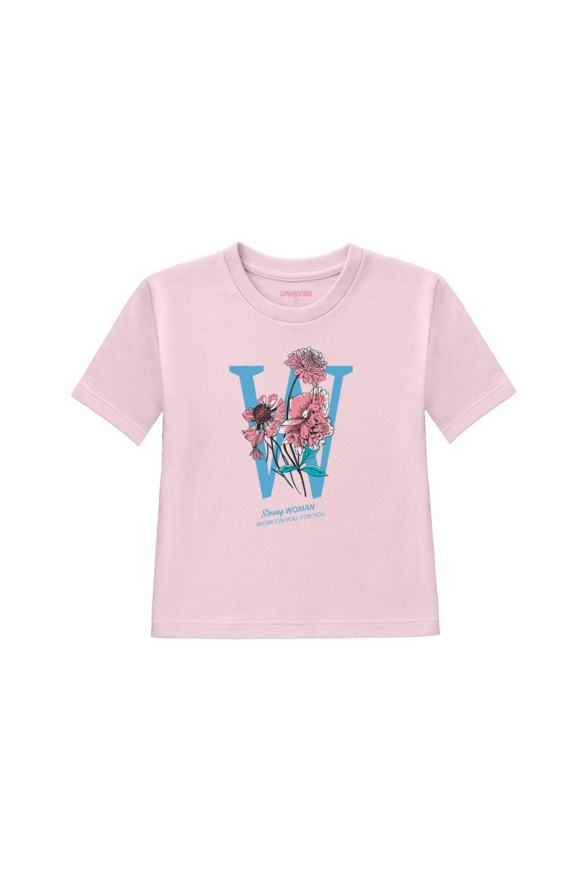 Baskılı Bisiklet Yaka Kadın Crop Tişört, Pembe - 0