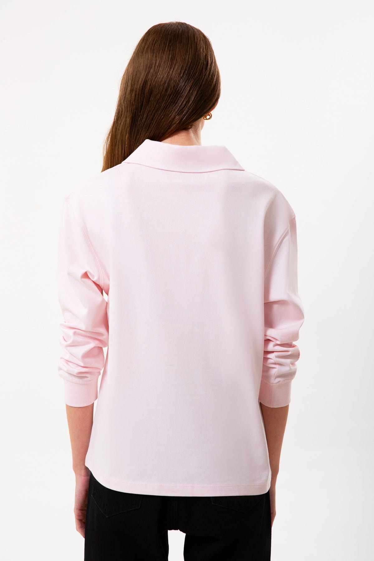 Polo Yaka Uzun Kollu Kadın Tişört, Pembe - 4