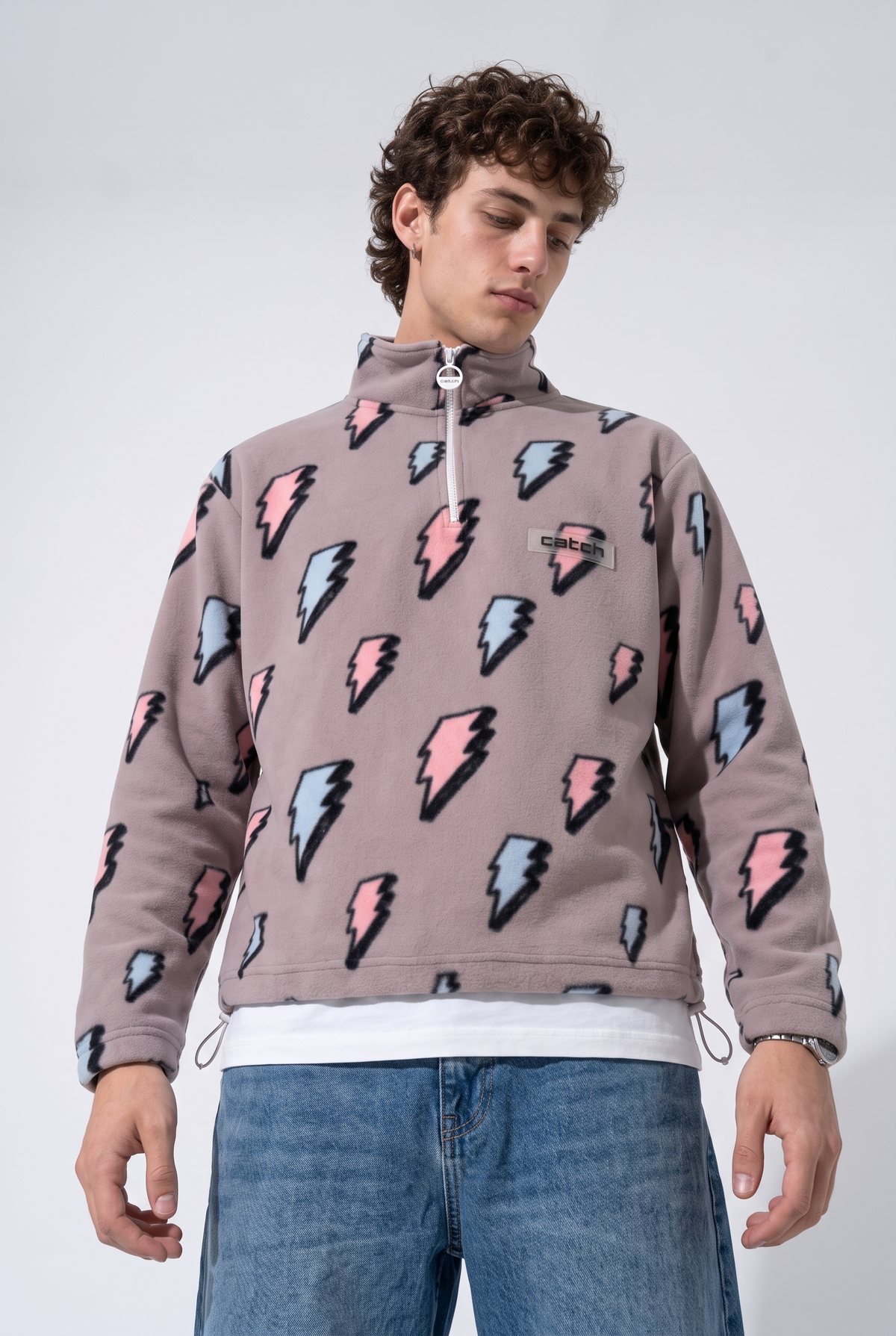 Fermuarlı Beli Büzgülü Oversize Polar Sweatshirt - Lila - 0