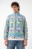 Fermuarlı Beli Büzgülü Oversize Polar Sweatshirt, Mavi-Sarı - 0