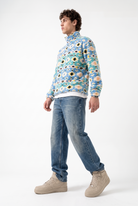 Fermuarlı Beli Büzgülü Oversize Polar Sweatshirt, Mavi-Sarı - 2
