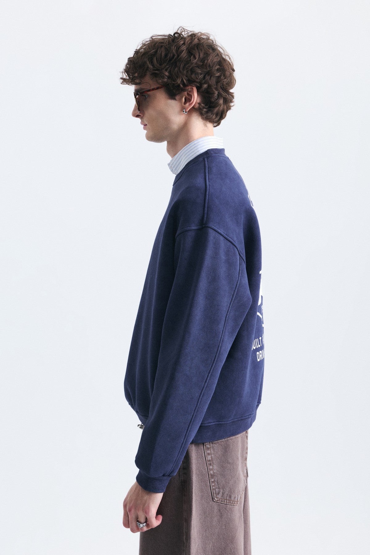 Overize Baskılı Bisiklet Yaka Sweatshirt