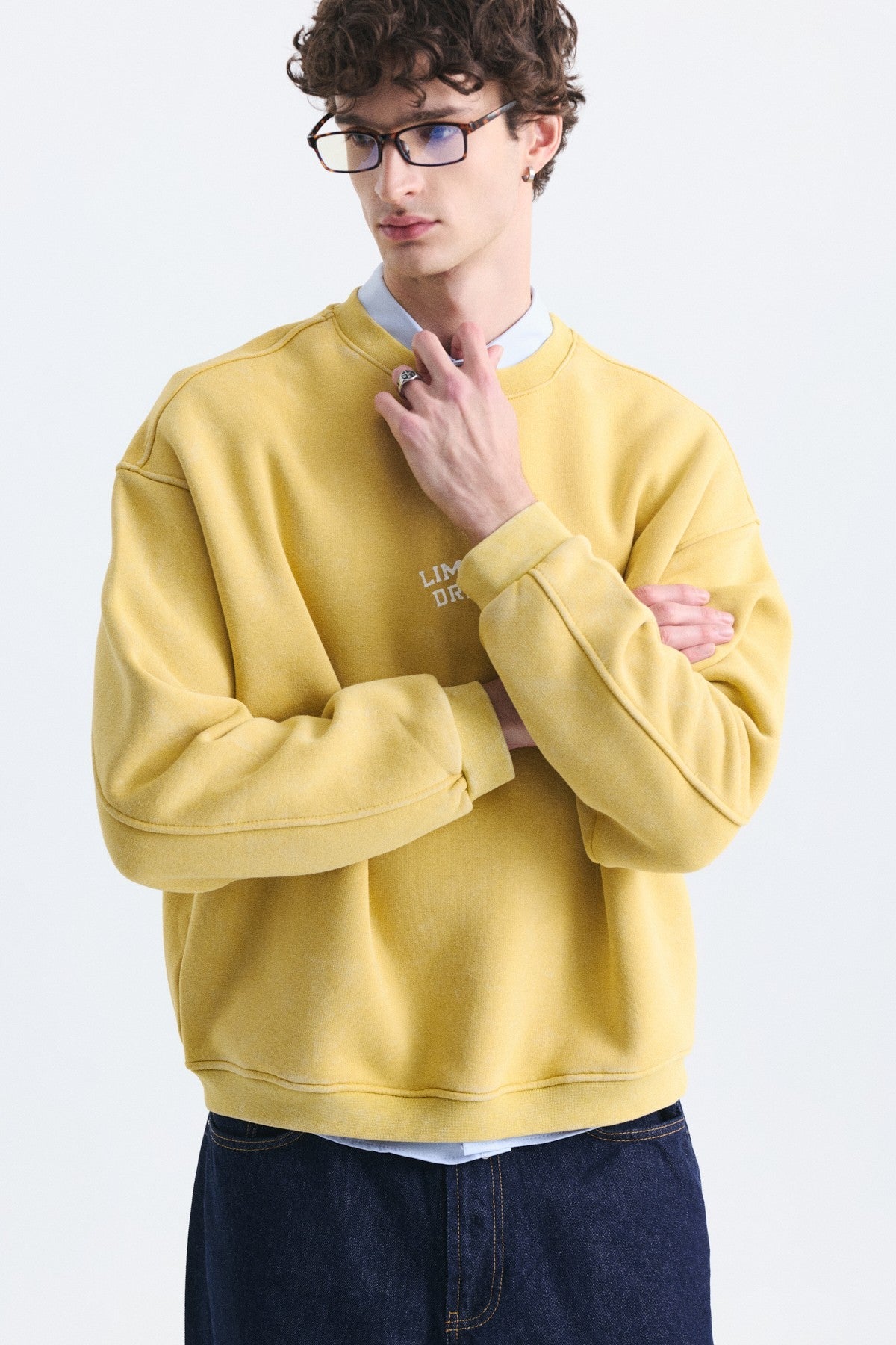 Overize Baskılı Bisiklet Yaka Sweatshirt