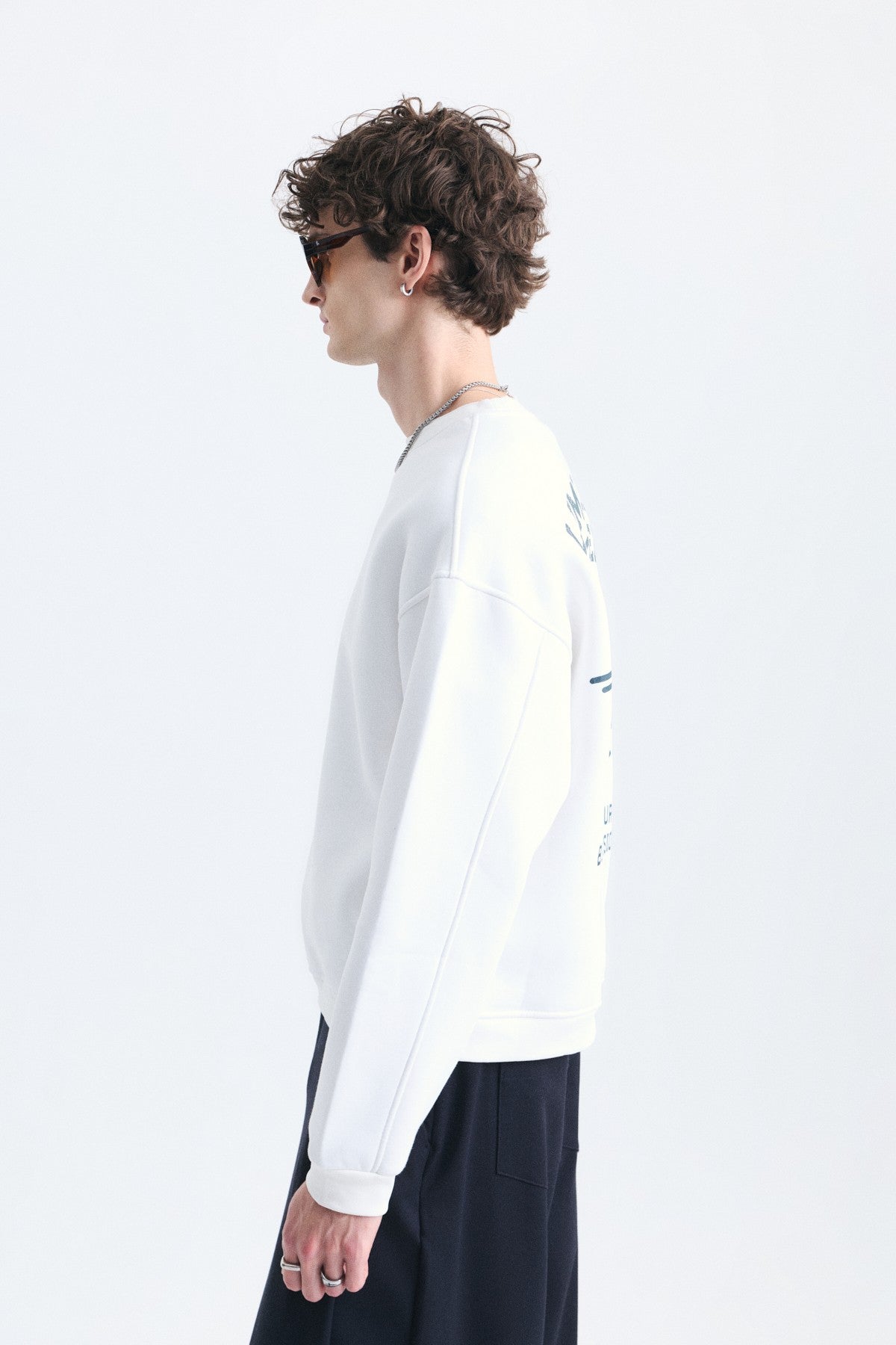 Overize Baskılı Bisiklet Yaka Sweatshirt