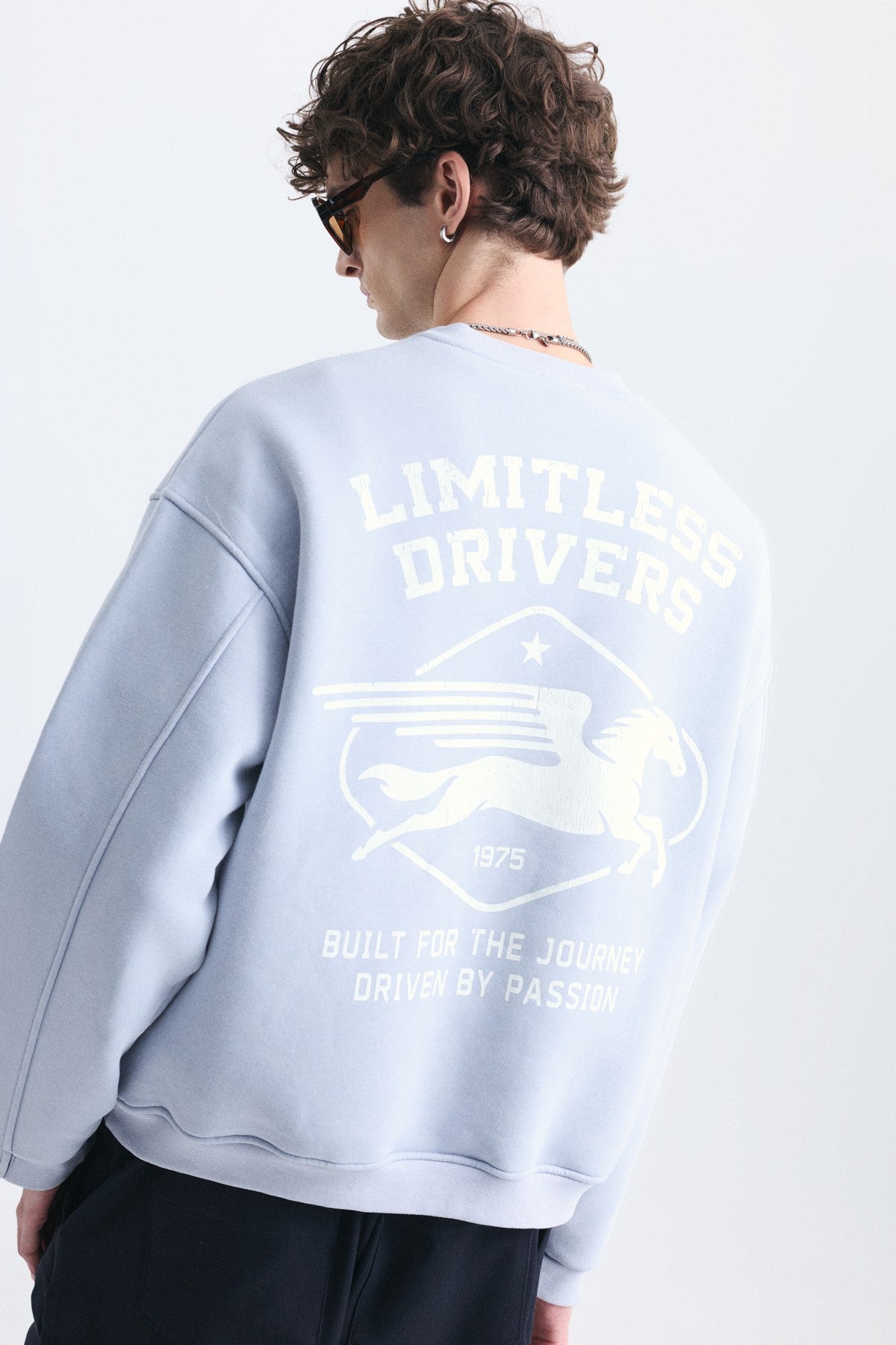 Overize Baskılı Bisiklet Yaka Sweatshirt