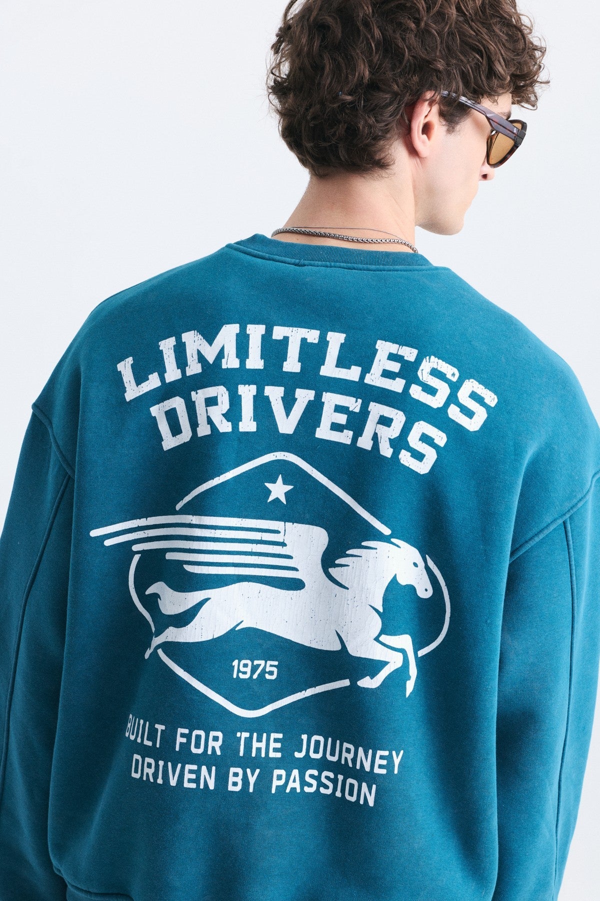 Overize Baskılı Bisiklet Yaka Sweatshirt