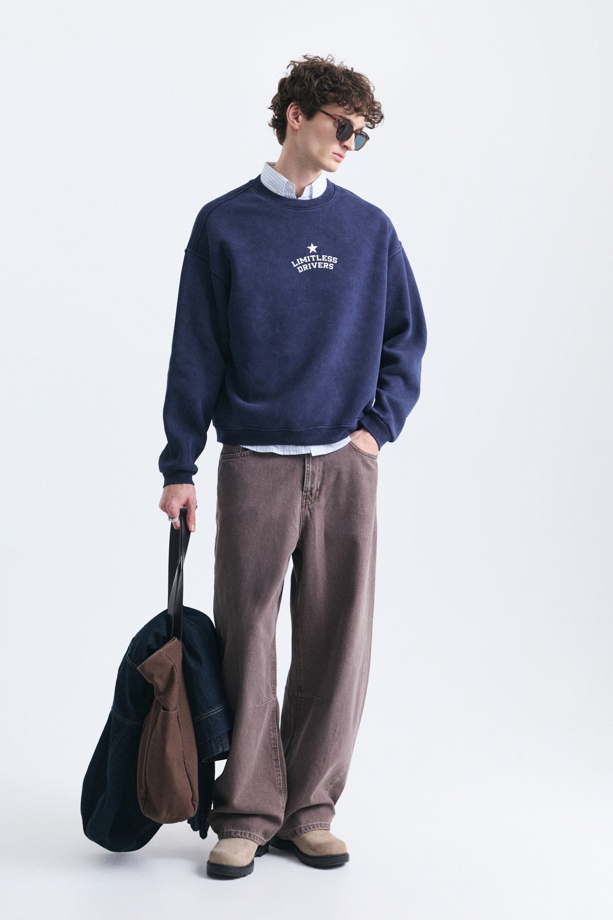 Overize Baskılı Bisiklet Yaka Sweatshirt